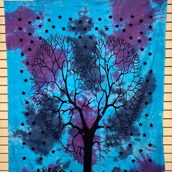 Katmandu Trading Company Other - Blue & Purple Tie-Dye Elephants Under Tree Of Life Tapestry
